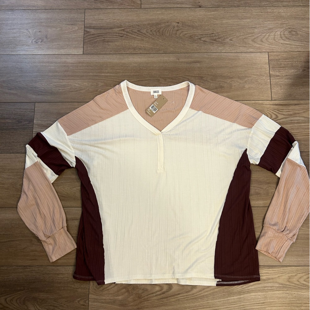BKE Ribbed Colorblock Long Sleeve Top Large NWT Stretch Casual